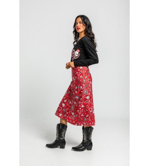 Falda evasé midi roja con estampado paisley cachemir, estilo boho chic Alma Libre