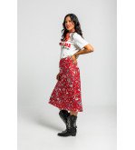 Falda evasé midi roja con estampado paisley cachemir, estilo boho chic Alma Libre