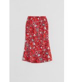 Falda evasé midi roja con estampado paisley cachemir, estilo boho chic Alma Libre