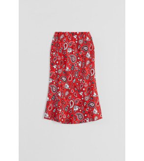 Falda evasé midi roja con estampado paisley cachemir, estilo boho chic Alma Libre