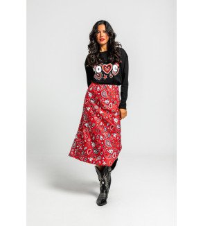 Falda evasé midi roja con estampado paisley cachemir, estilo boho chic Alma Libre