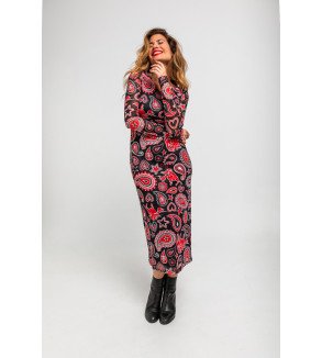 Vestido midi negro entallado de tul con estampado paisley cachemir, Alma Libre