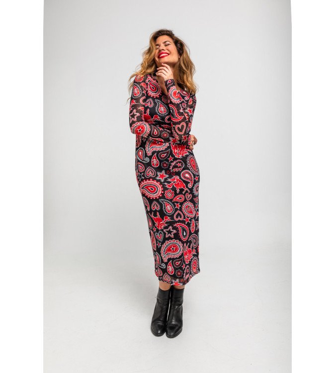 Vestido midi negro entallado de tul con estampado paisley cachemir, Alma Libre