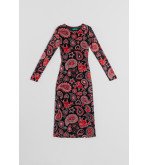 Vestido midi negro entallado de tul con estampado paisley cachemir, Alma Libre