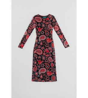 Vestido midi negro entallado de tul con estampado paisley cachemir, Alma Libre