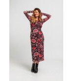 Vestido midi negro entallado de tul con estampado paisley cachemir, Alma Libre