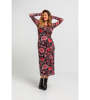 Vestido midi negro entallado de tul con estampado paisley cachemir, Alma Libre