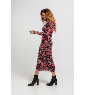 Vestido midi negro entallado de tul con estampado paisley cachemir, Alma Libre