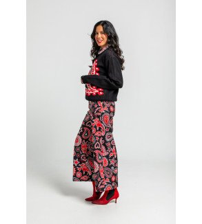 Suéter negro de punto con estampado paisley cachemir rojo, estilo boho Alma Libre