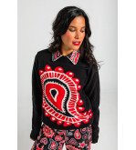 Suéter negro de punto con estampado paisley cachemir rojo, estilo boho Alma Libre