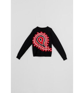 Suéter negro de punto con estampado paisley cachemir rojo, estilo boho Alma Libre
