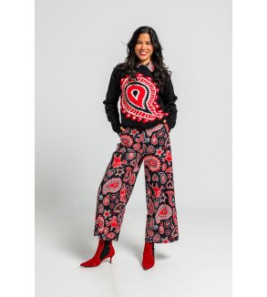 Suéter negro de punto con estampado paisley cachemir rojo, estilo boho Alma Libre