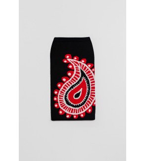 Falda negra de punto con estampado paisley rojo, diseño boho chic Alma Libre