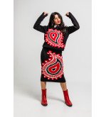 Falda negra de punto con estampado paisley rojo, diseño boho chic Alma Libre