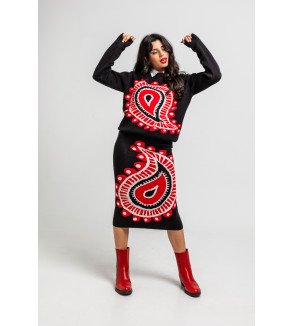 Falda negra de punto con estampado paisley rojo, diseño boho chic Alma Libre