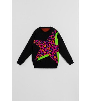 Suéter oversize negro con estrella animal print en tonos fucsia, naranja y verde Shiny Girl