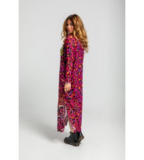 Vestido largo de tul fucsia con estampado animal print y texto I'm Felina