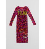 Vestido largo de tul fucsia con estampado animal print y texto I'm Felina