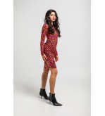 Vestido corto drapeado con estampado animal en tonos naranja, fucsia y negro I’m Felina