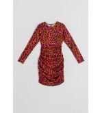 Vestido corto drapeado con estampado animal en tonos naranja, fucsia y negro I’m Felina