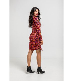 Vestido corto drapeado con estampado animal en tonos naranja, fucsia y negro I’m Felina