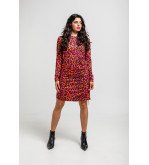 Vestido corto drapeado con estampado animal en tonos naranja, fucsia y negro I’m Felina