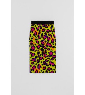 Falda de punto ajustada con estampado animal print verde lima, fucsia y negro I’m Felina