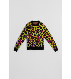 Suéter de punto verde con estampado animal print fucsia, naranja y negro I’m Felina