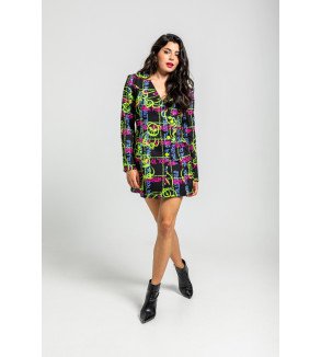 Vestido corto con escote pico y botones, estampado de grafitti urbano multicolor I’m the Queen