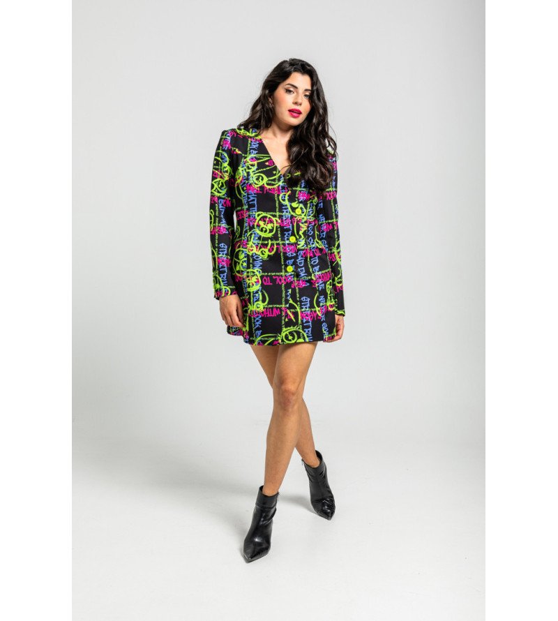 Vestido corto con escote pico y botones, estampado de grafitti urbano multicolor I’m the Queen