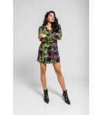 Vestido corto con escote pico y botones, estampado de grafitti urbano multicolor I’m the Queen