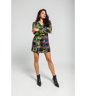 Vestido corto con escote pico y botones, estampado de grafitti urbano multicolor I’m the Queen