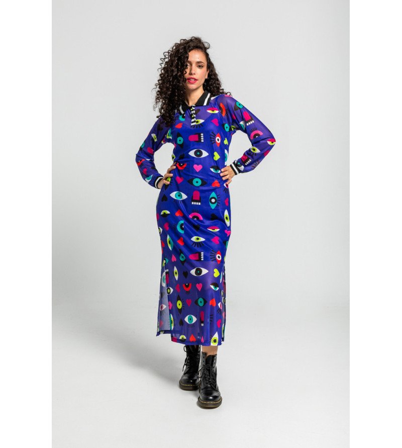 Vestido largo de tul tipo polo con estampado de ojos, corazones y bocas Love Yourself