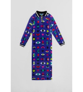 Vestido largo de tul tipo polo con estampado de ojos, corazones y bocas Love Yourself