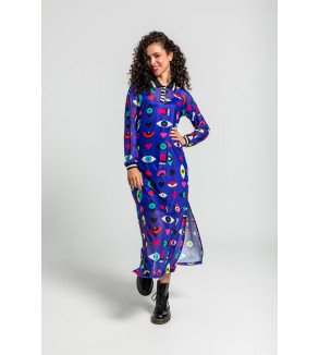 Vestido largo de tul tipo polo con estampado de ojos, corazones y bocas Love Yourself