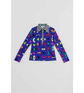 Camiseta tipo polo azul con estampado de ojos, corazones y bocas Love Yourself