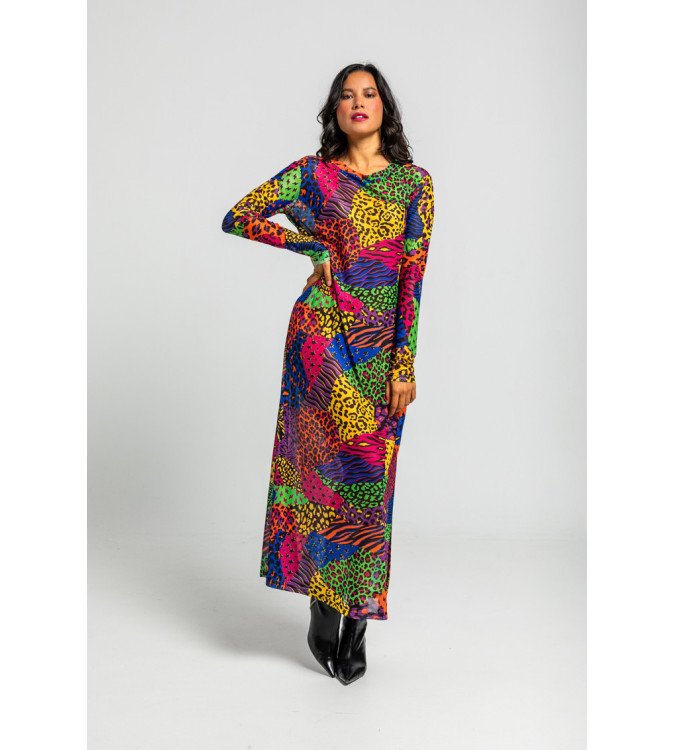 Vestido largo de tul con estampado variado de animal print Caótica