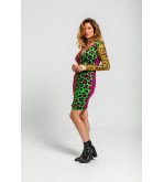 Vestido corto drapeado de canalé con estampado variado de animal print multicolor Caótica