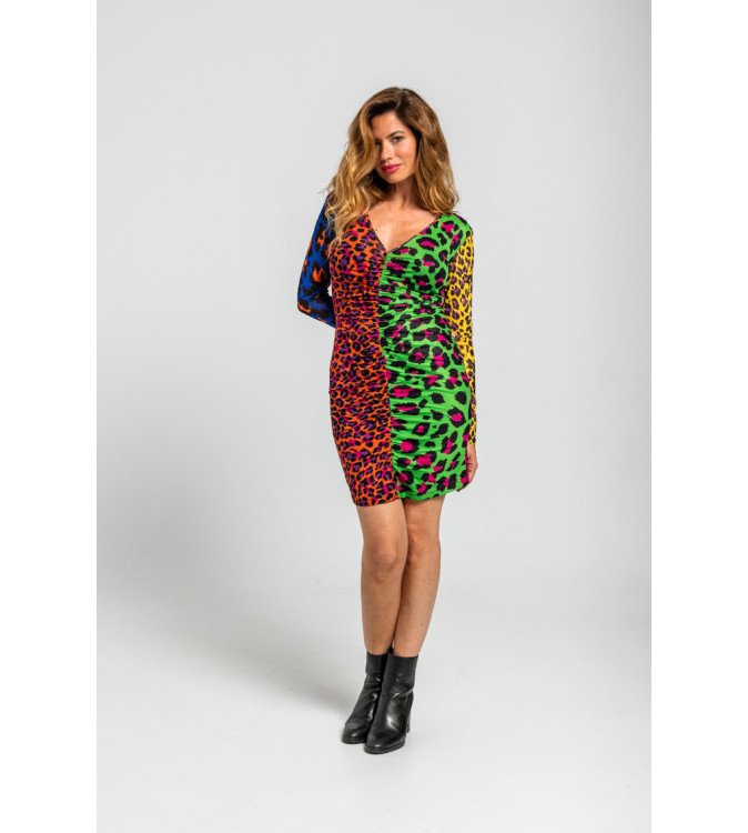 Vestido corto drapeado de canalé con estampado variado de animal print multicolor Caótica