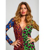 Vestido corto drapeado de canalé con estampado variado de animal print multicolor Caótica