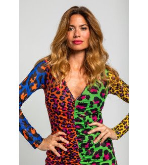 Vestido corto drapeado de canalé con estampado variado de animal print multicolor Caótica