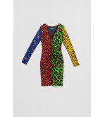 Vestido corto drapeado de canalé con estampado variado de animal print multicolor Caótica