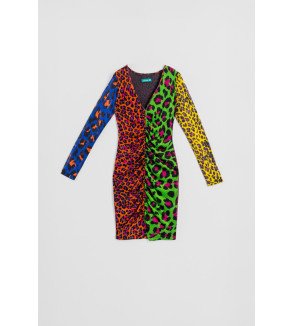 Vestido corto drapeado de canalé con estampado variado de animal print multicolor Caótica