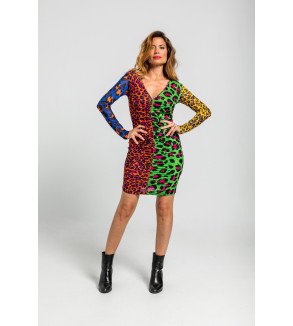Vestido corto drapeado de canalé con estampado variado de animal print multicolor Caótica