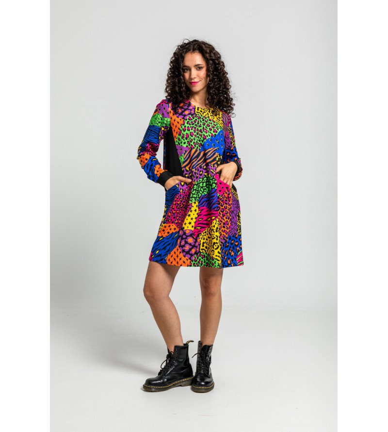 Vestido corte A con bolsillos y estampado multicolor de animal print Caótica