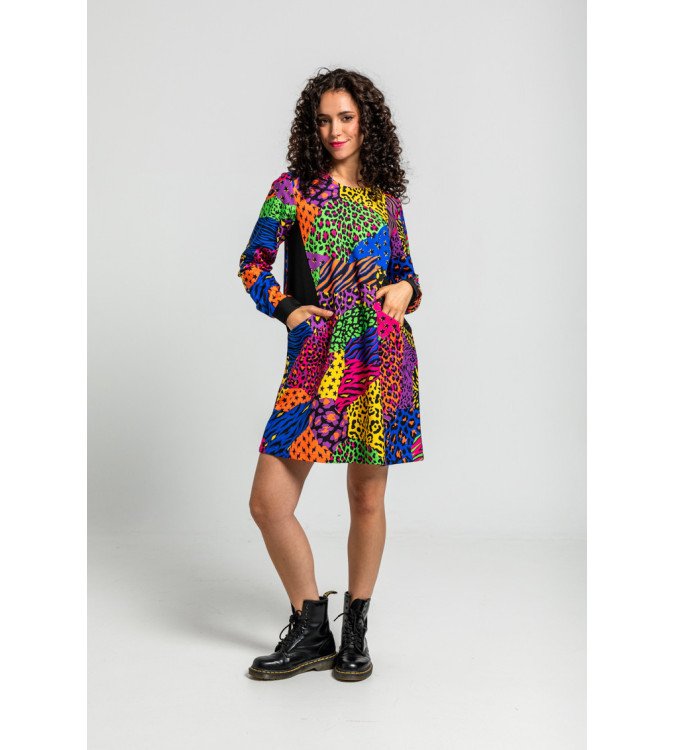 Vestido corte A con bolsillos y estampado multicolor de animal print Caótica