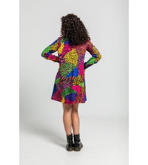 Vestido corte A con bolsillos y estampado multicolor de animal print Caótica