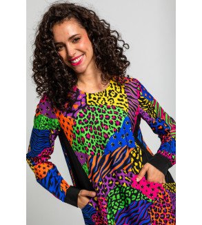 Vestido corte A con bolsillos y estampado multicolor de animal print Caótica