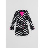 Vestido mini con escote pico y botones de color fucsia en estampado de topos blanco y negro Guapa