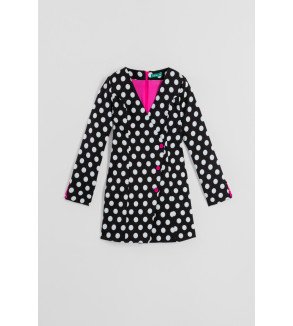 Vestido mini con escote pico y botones de color fucsia en estampado de topos blanco y negro Guapa